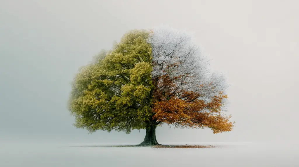 A tree divided between summer and fall, representing emotional change, inner seasons, and life transitions in mental health.